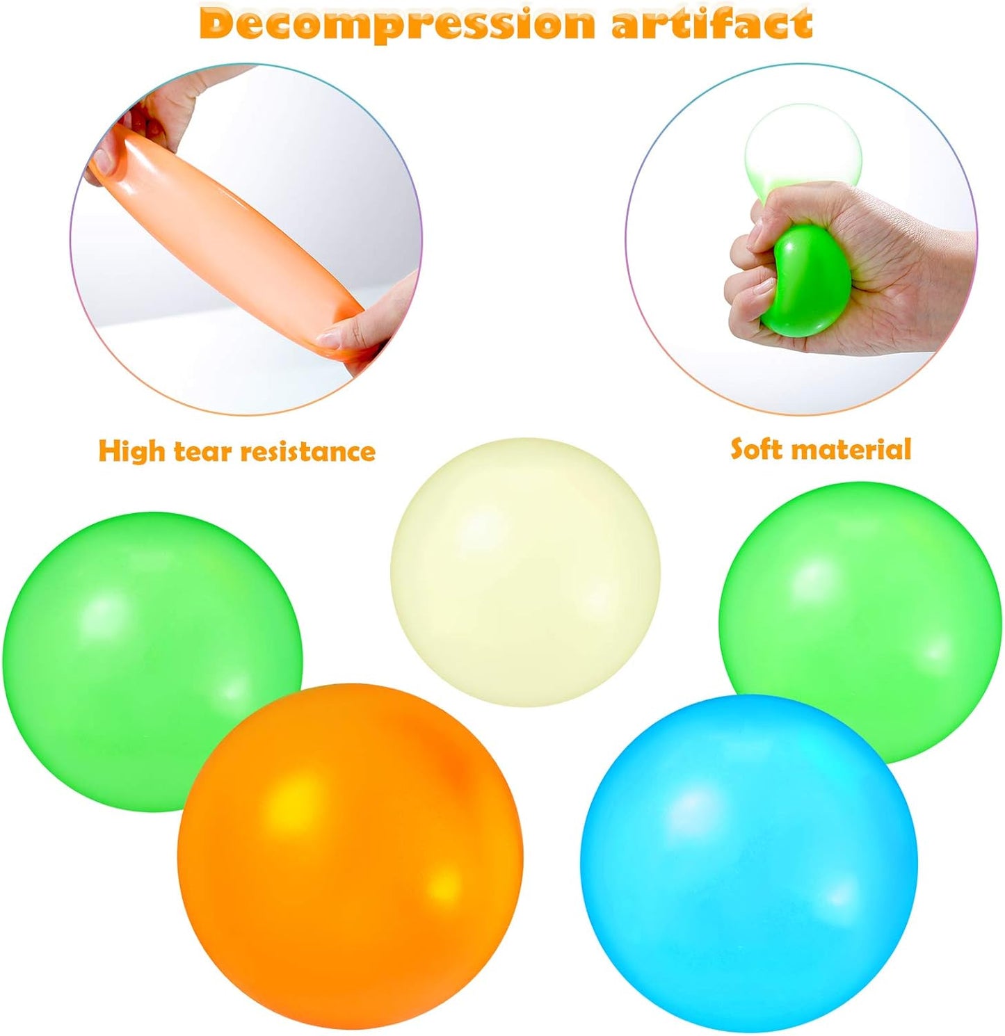 Glow-in-the-Dark Stress Relief Squishy Ball - Extra Strong Adhesion, No Residue Left (5PCS)